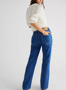 Ava High Rise Boot Cut Jeans in Timeless Blue by FREE PEOPLE